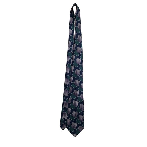 Tiemakers Mens Navy & Green Silk Geometric Pattern Necktie Handcrafted USA - Picture 5 of 8